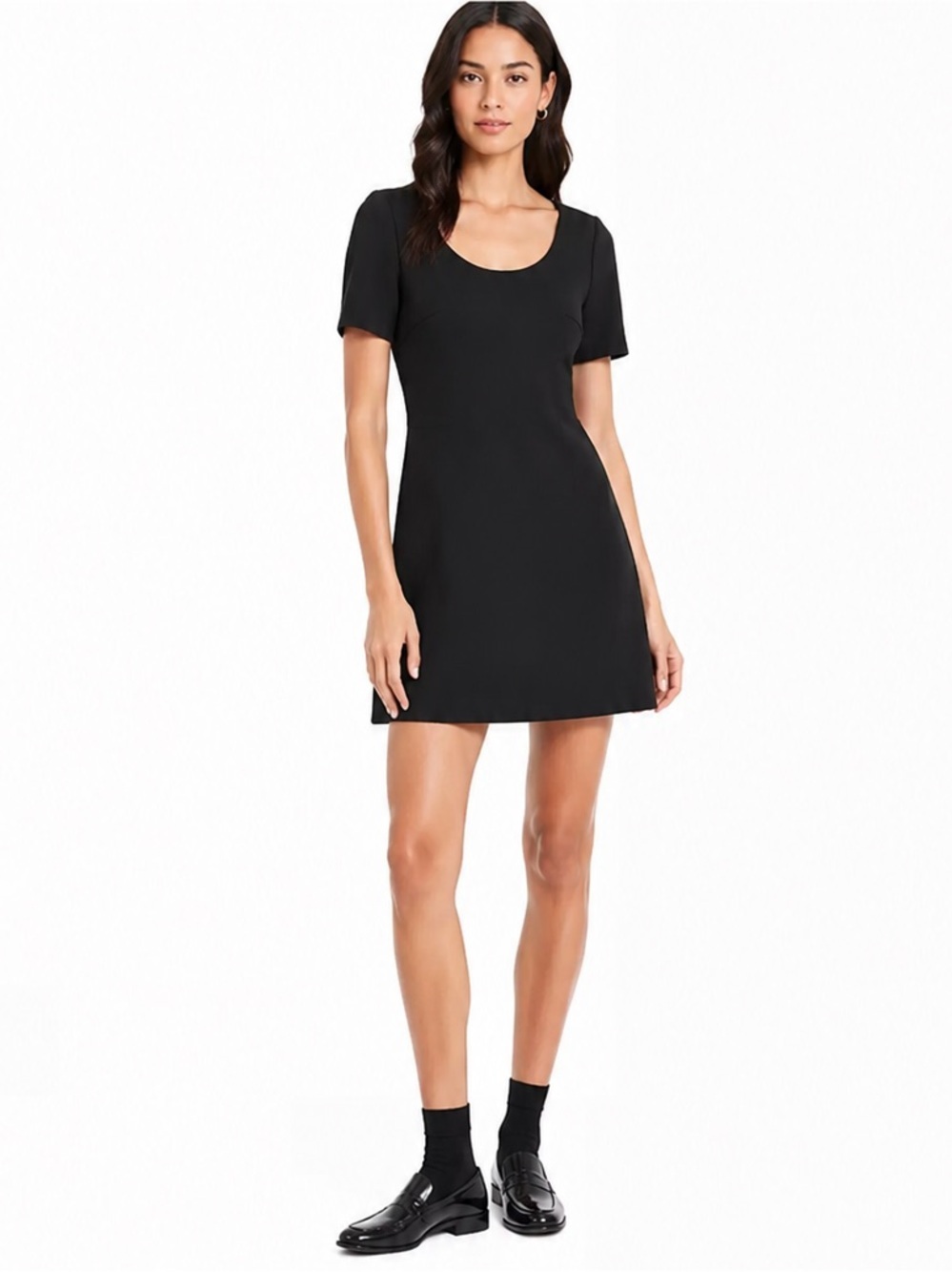 Theory Scuba Scoop Neck A Line Mini Dress in black $345